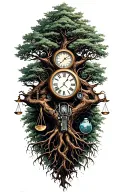 tree of life with deep roots and large branches, v twin engine, libra scale and a clock intertwined  tattoo design idea