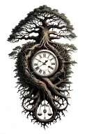 tree of life with deep roots and large branches, v twin engine, libra scale and a clock intertwined  tattoo design idea