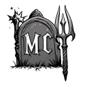 tombstone with a pitchfork next to it with letters M L C  tattoo design idea