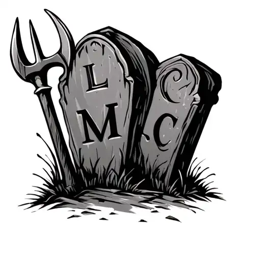 tombstone with a pitchfork next to it with letters M L C  tattoo design idea