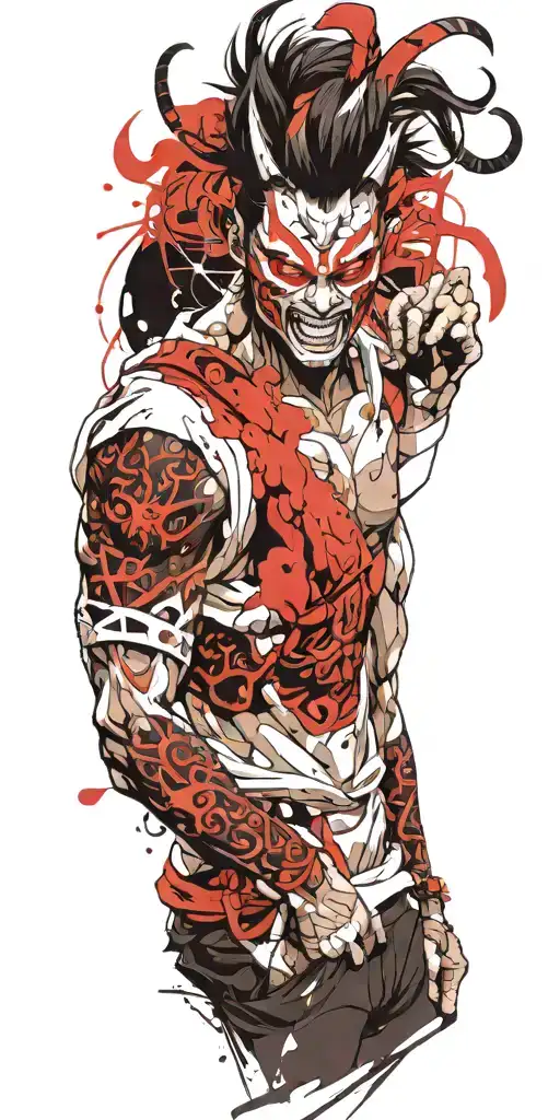 anime character wearing a oni mask fighting off inner demons tattoo design idea
