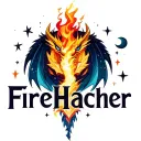 Make a logo for word "FireHacher." Fire breathing space dragon, stars, moons, space elements, more dragon element tattoo design idea