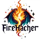 Make a logo for word "FireHacher." Fire breathing space dragon, stars, moons, space elements, more dragon element tattoo design idea