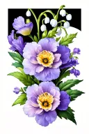 Violet flower, Carnation flower, Lilly of the valley flower, Narcissus flower, Primrose flower, top view tattoo design idea