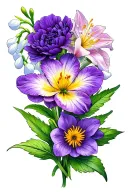 Violet flower, Carnation flower, Lilly of the valley flower, Narcissus flower, Primrose flower, top view tattoo design idea