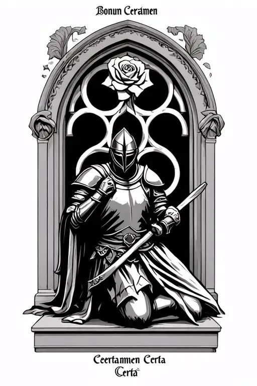 "Bonum Certamen Certa" Knight kneeling down front view, gothic rose window in tha background, and the text i put also above tha knight  tattoo design idea