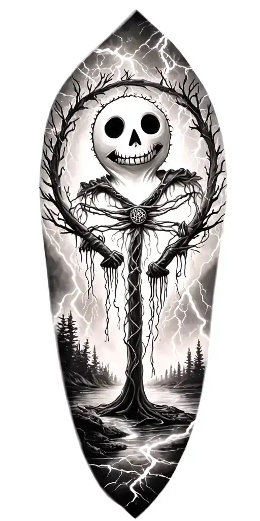 fabric voodoo doll and lightining storm and vegvisir and nature tattoo design idea
