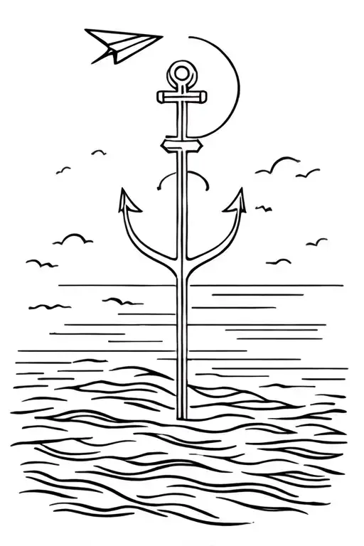 sun, sea, anchor, snowdrop, paper plane flying in the sky in vertical line tattoo design idea