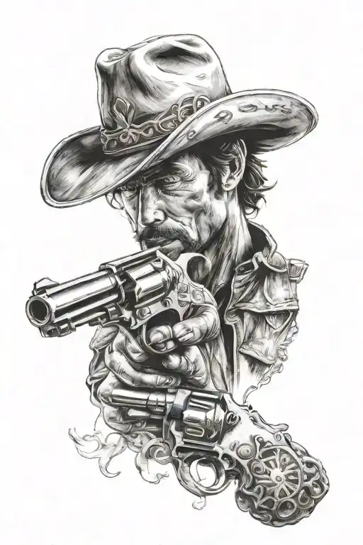 smoking revolver, with a cowboy holding each other tattoo design idea