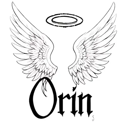 the name Orin with angle wing attached with a halo on top tattoo design idea