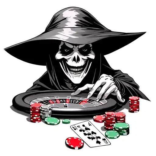 grim reaper with casino chips and roulette table with joker card  tattoo design idea