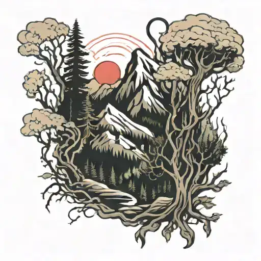 A twin peaks themed tattoo with a surreal landscape of trails leading through a forest filled with mysterious creatures and symbols, incorporating elements of cybersecurity tattoo design idea