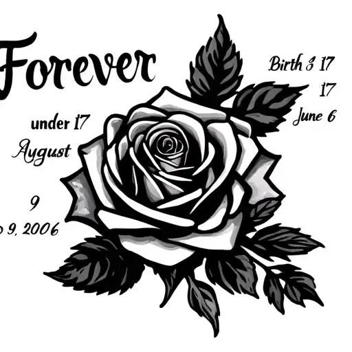 cursive writing forever 17 under it and rose birth and deathdate august 9 2006 - june 6 2024 in a ribbon across the rose tattoo design idea