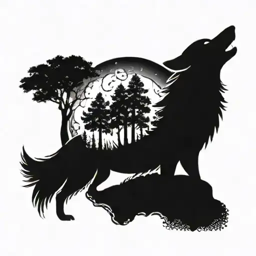 A wolf howling at the moon surrounded by a lush forest with tribal patterns intertwined in the trees tattoo design idea