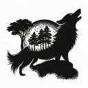 A wolf howling at the moon surrounded by a lush forest with tribal patterns intertwined in the trees tattoo design idea