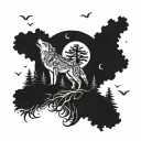 A wolf howling at the moon surrounded by a lush forest with tribal patterns intertwined in the trees tattoo design idea