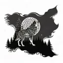 A wolf howling at the moon surrounded by a lush forest with tribal patterns intertwined in the trees tattoo design idea