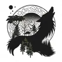 A wolf howling at the moon surrounded by a lush forest with tribal patterns intertwined in the trees tattoo design idea