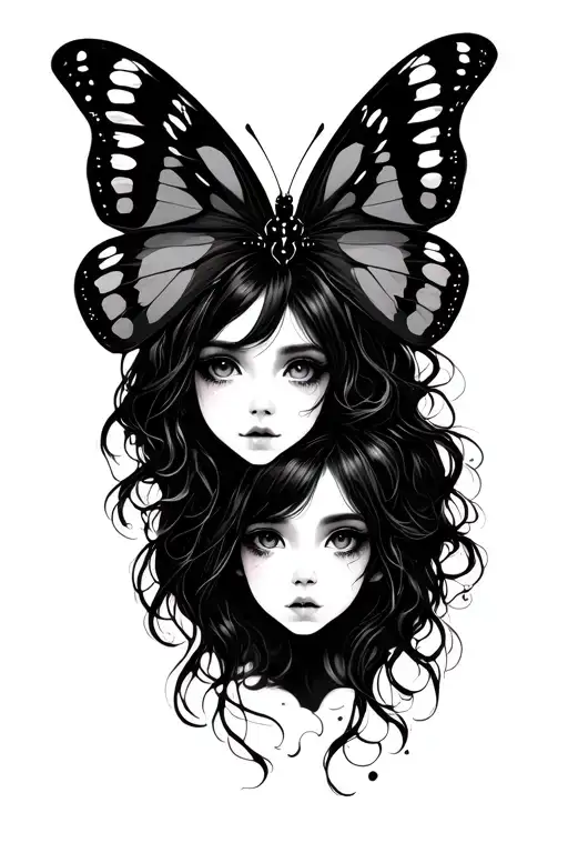 Can you make a moth or butterfly in the same style. Dark, goth, fem and cutesy and blackwork but have two girls faces hi tattoo design idea
