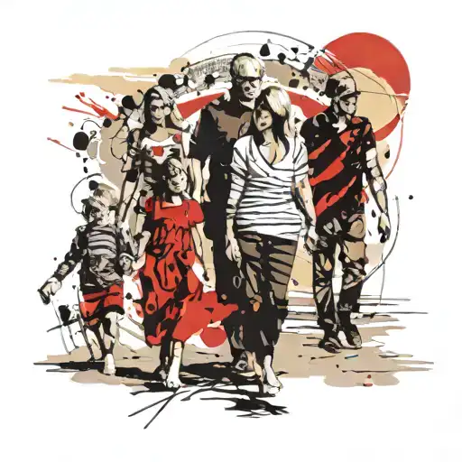 Father, mother, son and daughter – walking on the beach, hand in hand, sunset, footprints in the sand tattoo design idea