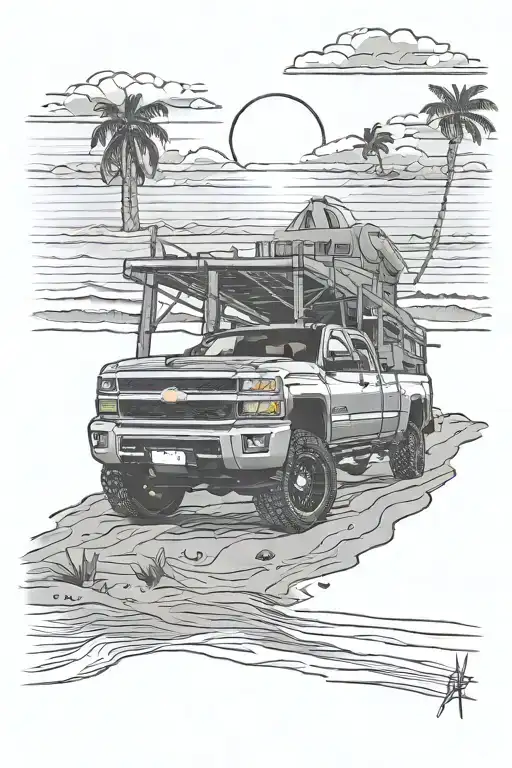 lifted chevy sliverado 2500 hd on the beach sunset tattoo design idea
