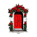 Red door with roses blooming traditional tattoo design idea