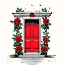 Red door with roses blooming traditional tattoo design idea
