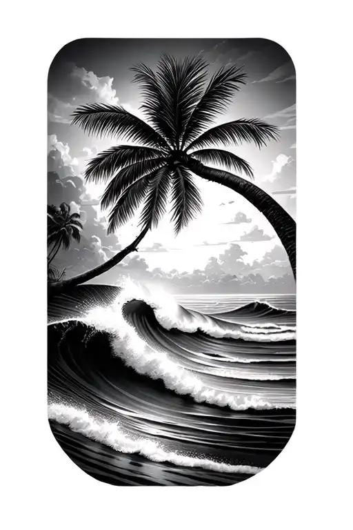 palm tree with barreling wave in background looking through lens tattoo design idea