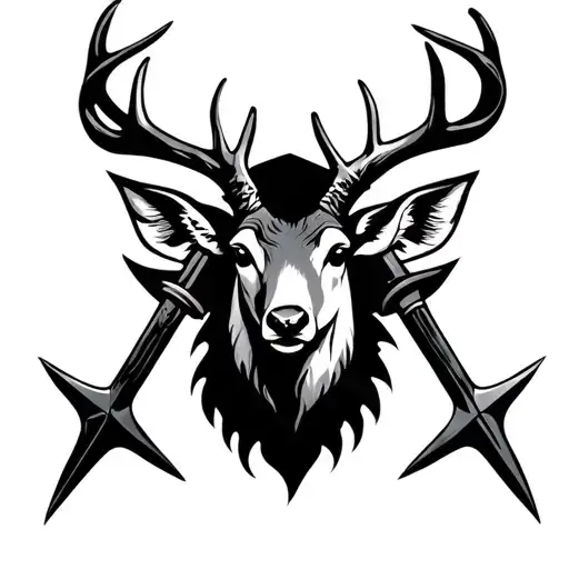 2 halberds crossed behind a beautiful deer head silhouette tattoo design idea