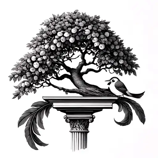 A free flowing and fne line greek tattoo that must include a Corinthian column, an olive tree and pontian bird feathers. tattoo design idea