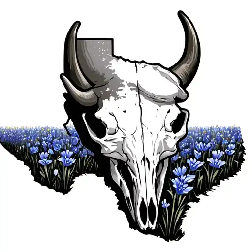 Texas outline with longhorn skull in a bluebonnet field tattoo design idea