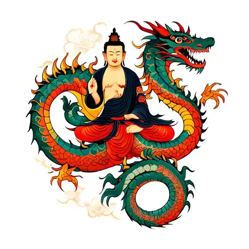 budha ridding a dragon tattoo design idea