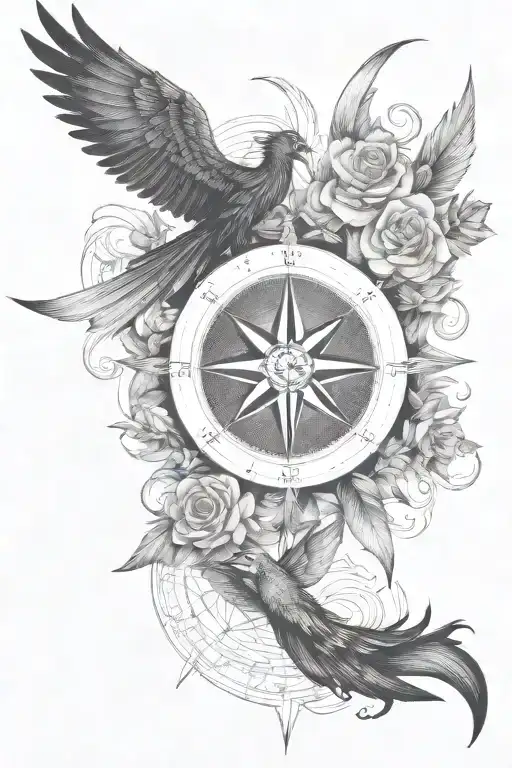 flying pheonix on fire, DaVinci style nautical north star, Geranium tattoo design idea