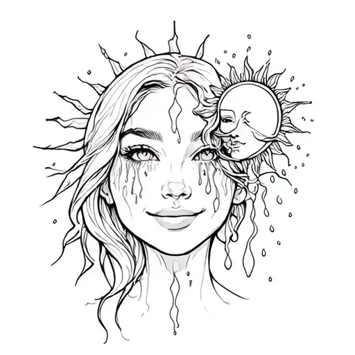 fineline a female face with a smile and sun another face connecting tear down her cheek and thunder and rain tattoo design idea