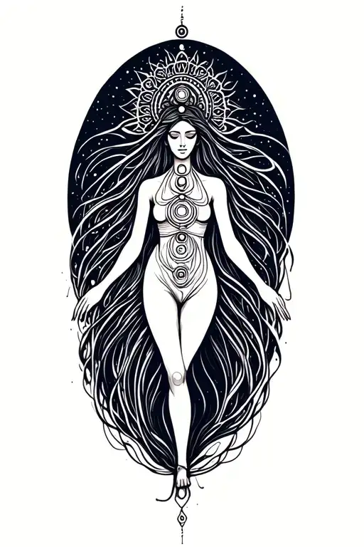 spiritual Woman with with all 7 sanskirt chakras intertwined tattoo design idea