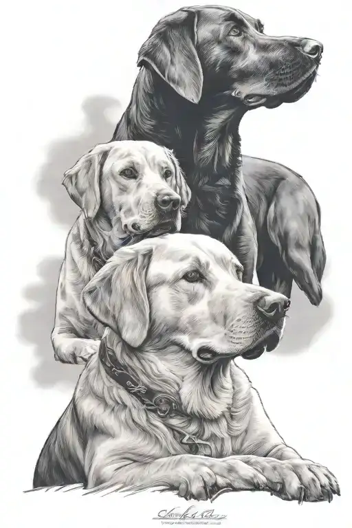 Labrador retriever looking down on a smaller labador retriever from the heavens only 2 dogs and say Rest in peace Marty  tattoo design idea