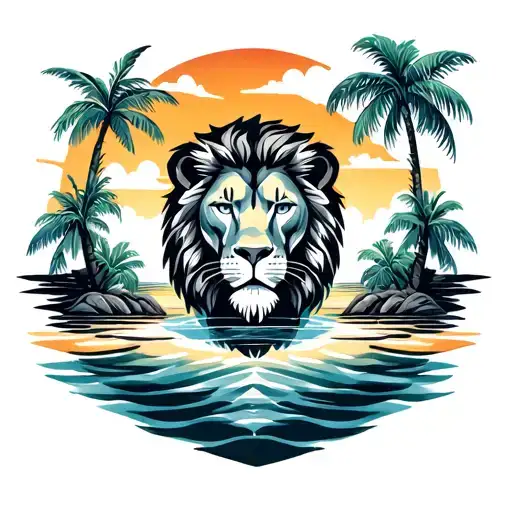 A decor with palm trees of water and sand, as well as a lion head, a watch on one leg tattoo design idea