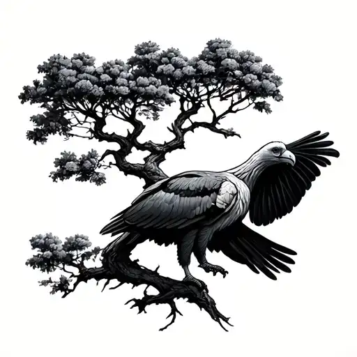 cottonwood tree, with a vulture, minimalist, black and grey tattoo design idea