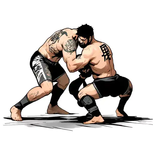 two wrestler grappling anime style with faded background and mats. add some Japanese symbols tattoo design idea