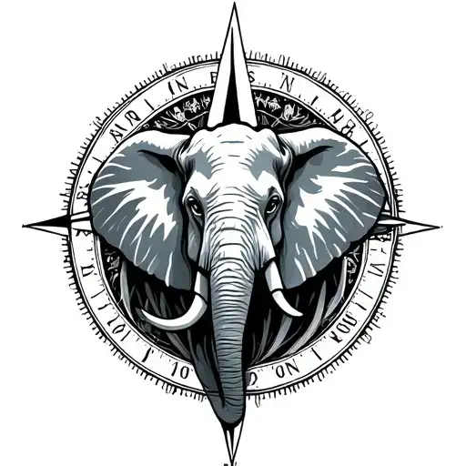 compass rose and elephant head profile holding tattoo design idea