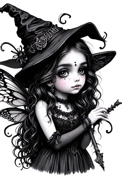 cute elegant little gothic witch fae fairy tattoo design idea