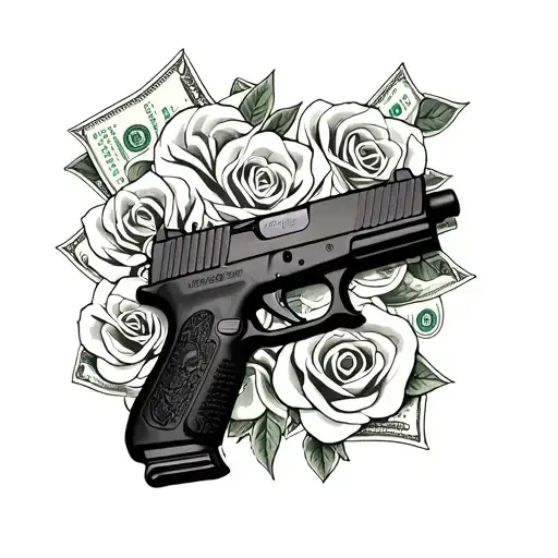 glock 9 17gen  with extendo clip and roses made of 100 dollar bills tattoo design idea