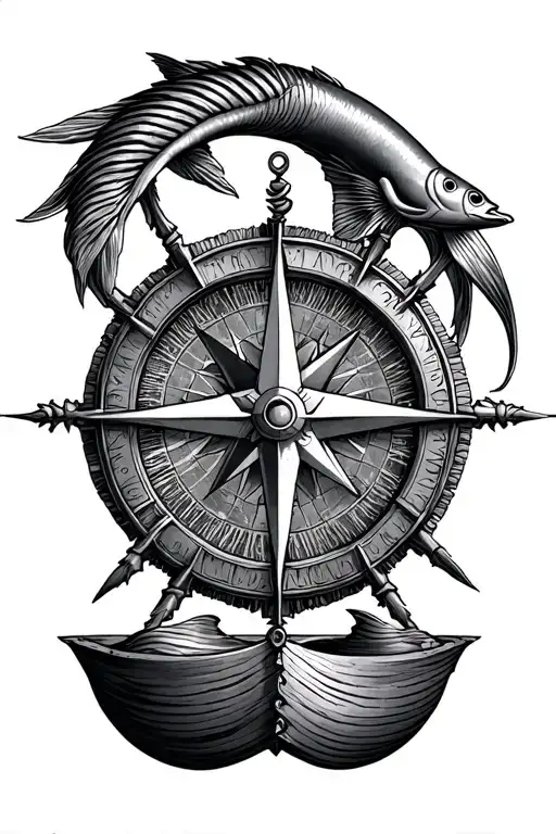 ichthys wheel disguised as a compass pointing west tattoo design idea