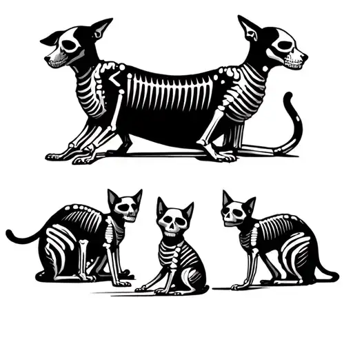 three skeleton dogs and two skeleton cats playing tattoo design idea