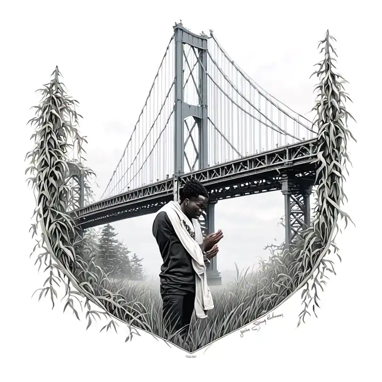 a detailed bridge that’s old over in grass and vines being held up buy gods hands with nba youngboy verse im holding up  tattoo design idea