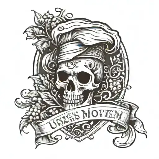 Crest tatoo with a chefs hat, crossed chefs kinves, pan, fire, vine tomato wreath and banner that says usque ad mortem tattoo design idea