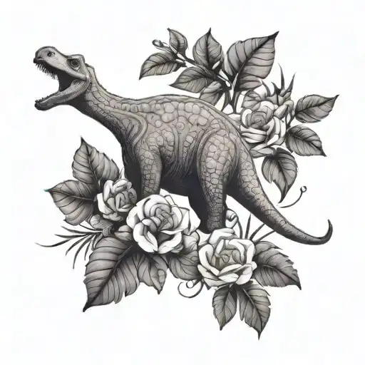 brontosaurus and violet flowers surrounding tattoo design idea