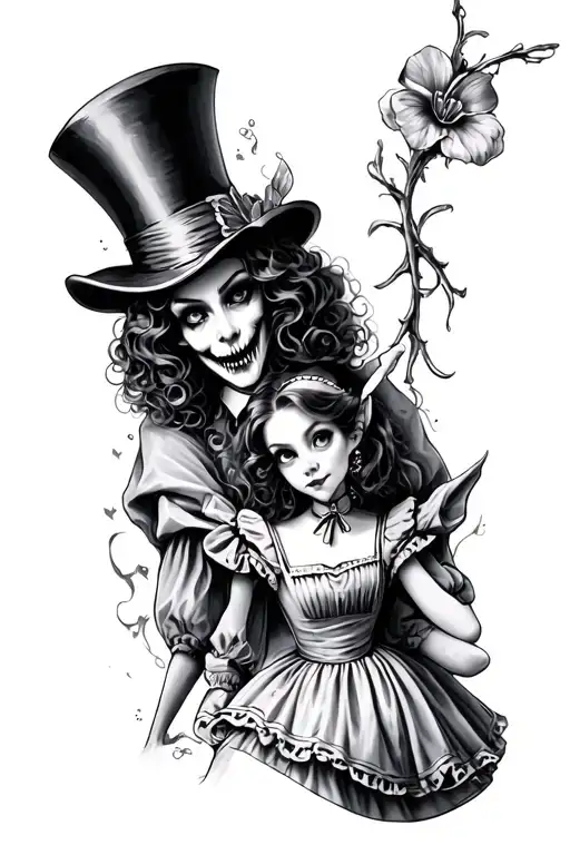 demonic Alice and mad hatter in wonderland tattoo design idea