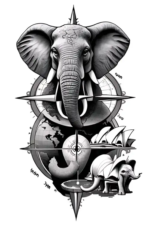 compass, globe, moai, elephant, great wall of China, Sydney opera house tattoo design idea