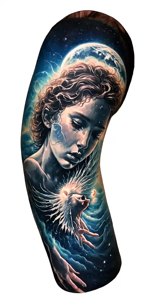 A celestial being with a broken spirit floating in space tattoo design idea
